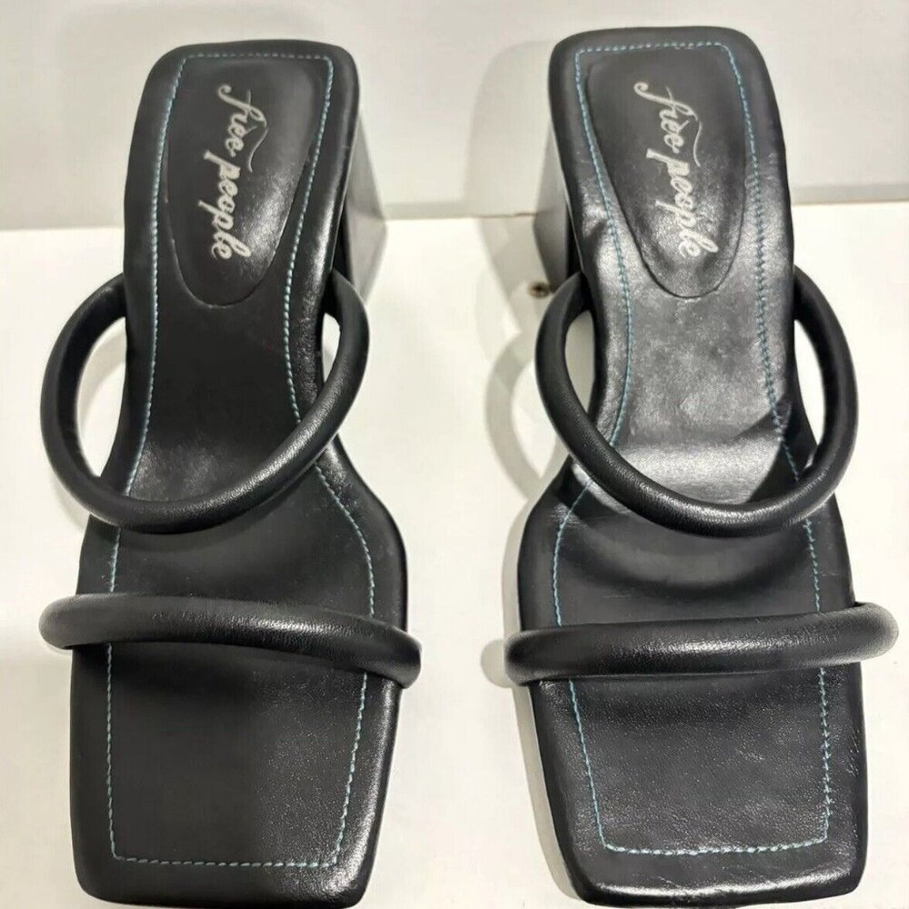 Free People Womens Two Strap Heeled Sandal Parker Block Heel Black Slide 39/9